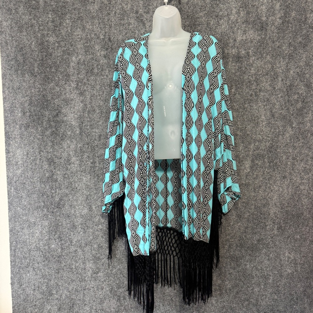 Democracy Kimono Cardigan Women XL Turquoise Black Diamond Pattern Fringe‎ Boho